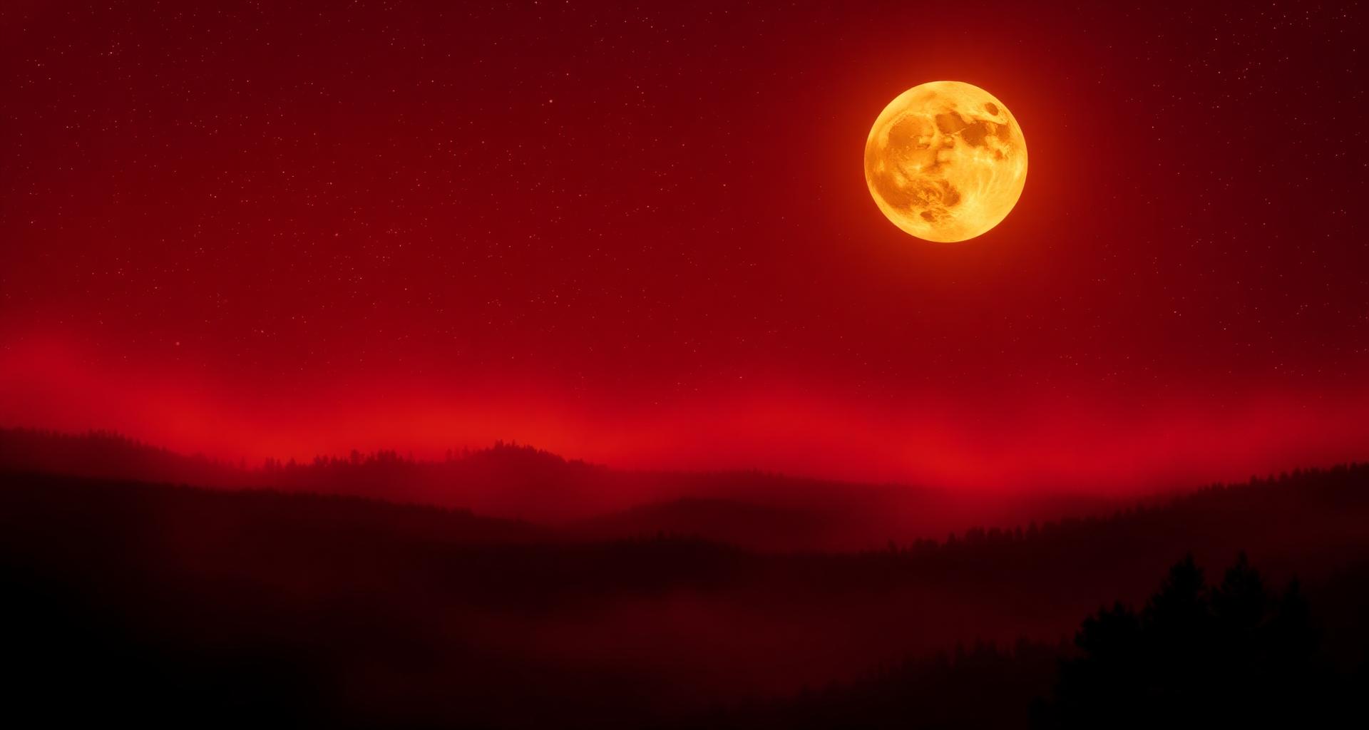 Lua cheia vermelha sobre paisagem mística