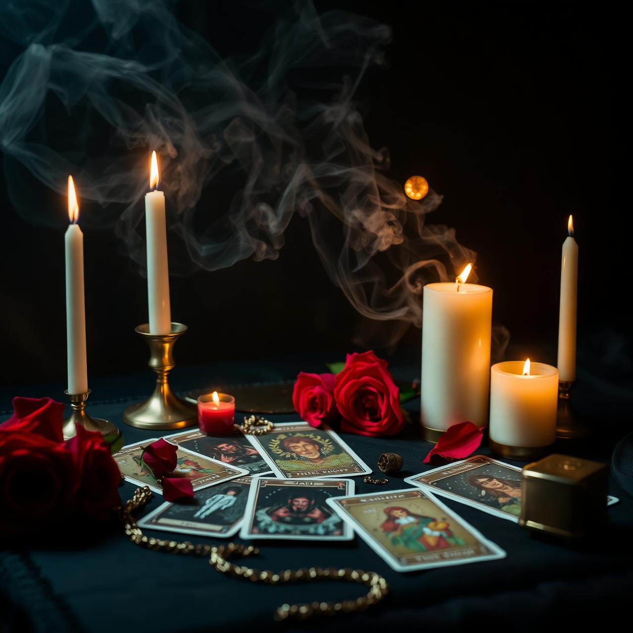 Velas, cartas de tarô e rosas vermelhas em altar místico